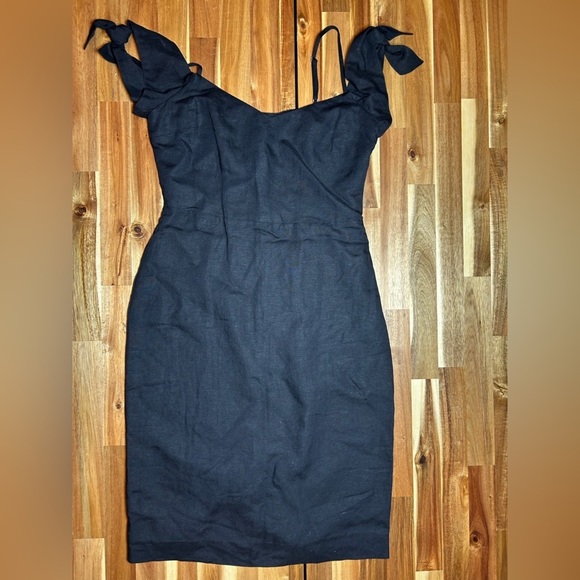 Abercrombie & Fitch Black Tie Sleeve Bow Shoulder Linen Knee Length Dress Size 4 - Picture 5 of 9